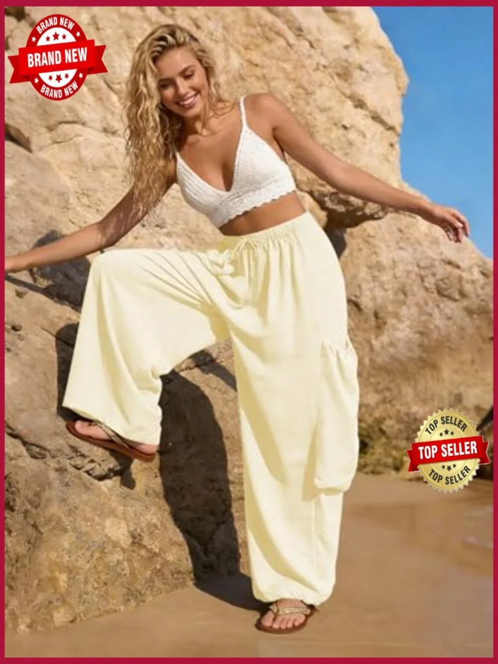 Drawstring Harem Pants with Pockets Boho Baggy Gauze Palazzo Summer Travel - Picture 6 of 7
